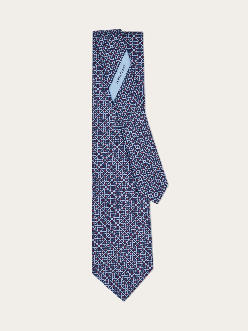 Ferragamo | Men's Square Gancini Print Silk Tie - Navy Blue