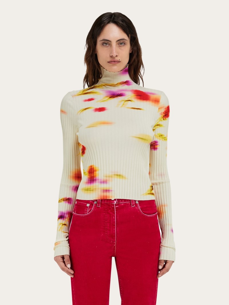Ferragamo | Women's Blossom Print Mock Neck Top - Mascarpone/Red/Cherry