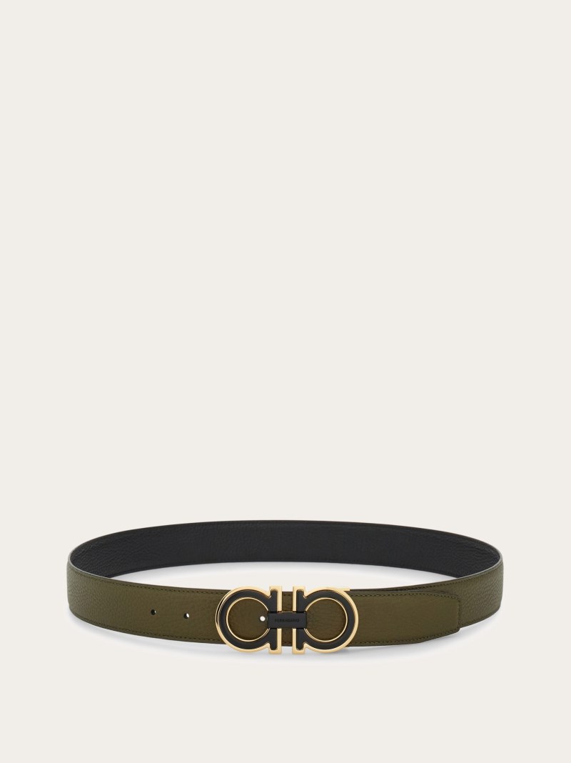 Ferragamo | Men's Reversible And Adjustable Gancini Belt - Black/Olive Green