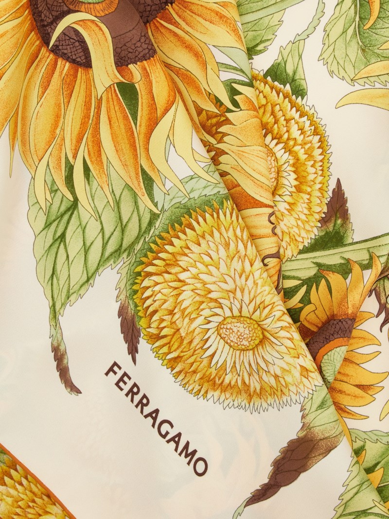 Ferragamo | Women's Sunflower Print Silk Scarf - Ivory/Yellow/Fuchsia