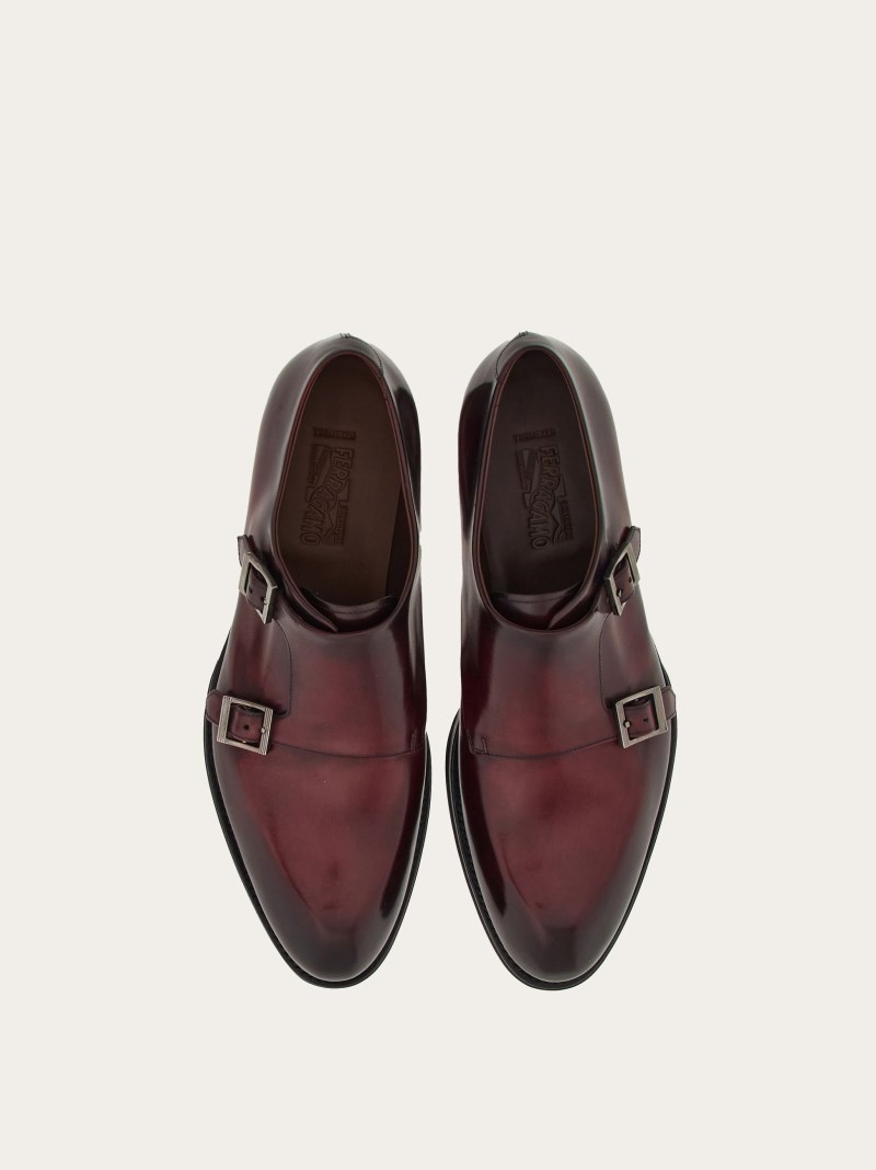 Ferragamo | Men's Tramezza Double Monkstrap - Dark Barolo