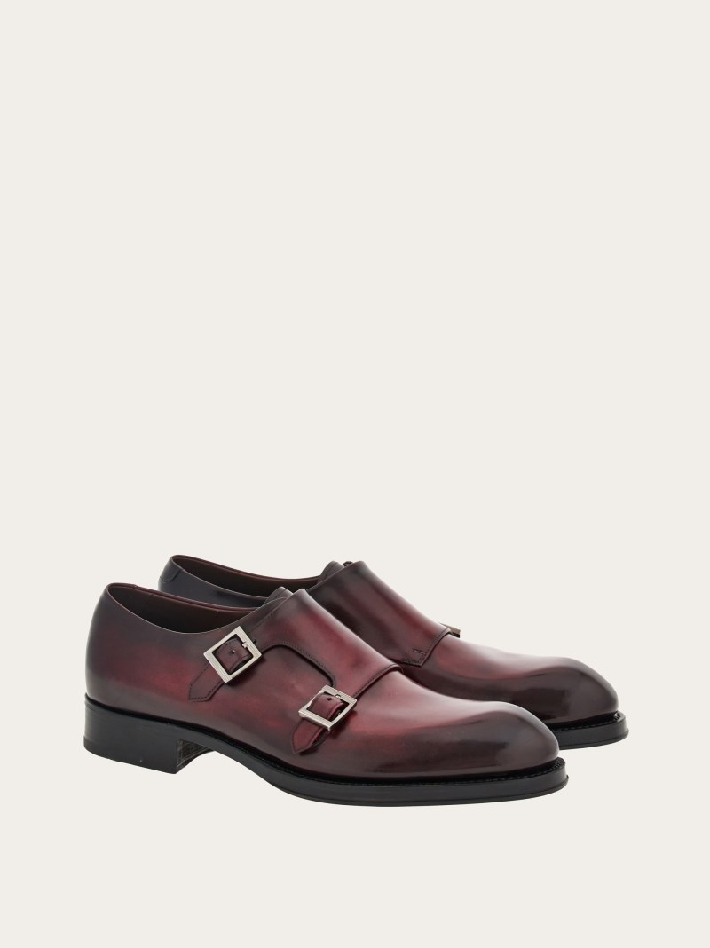 Ferragamo | Men's Tramezza Double Monkstrap - Dark Barolo