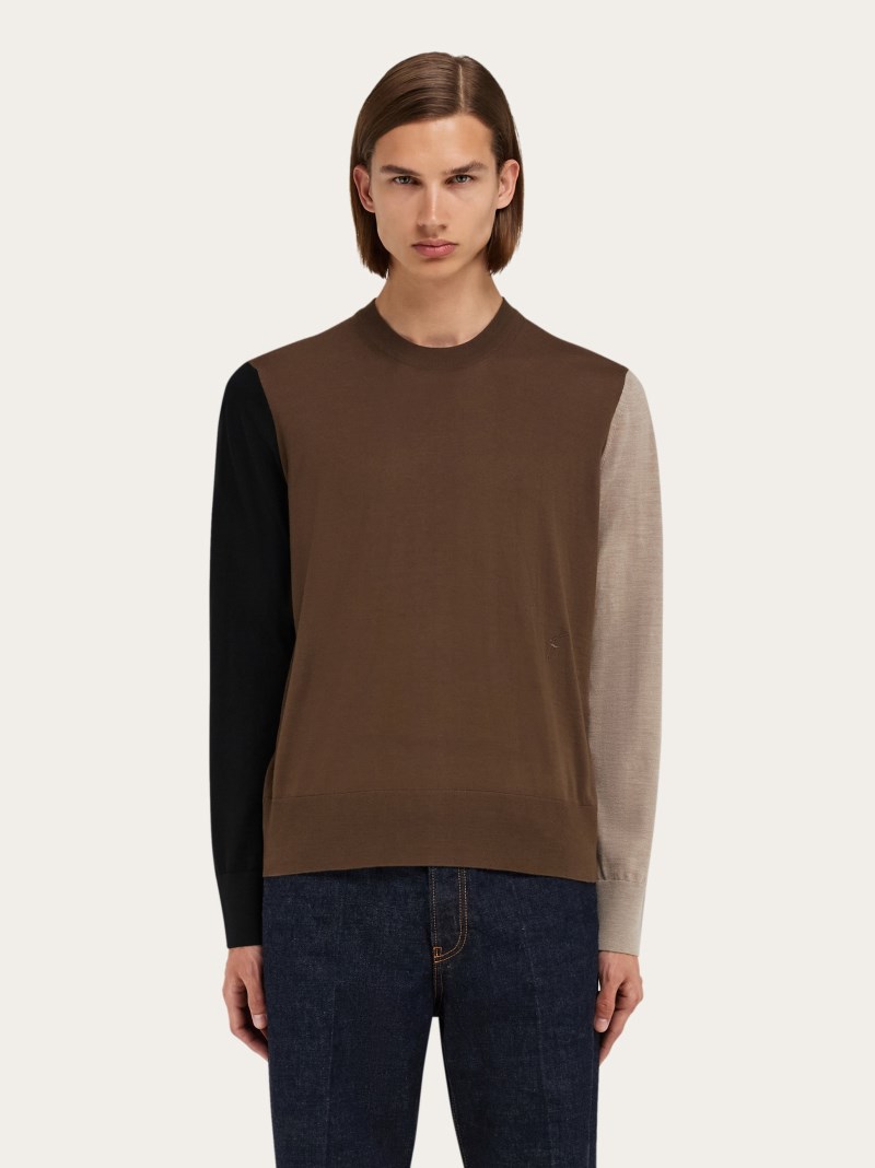 Ferragamo | Men's Light Pure Wool Color Block Sweater - Clay/Sand/Black