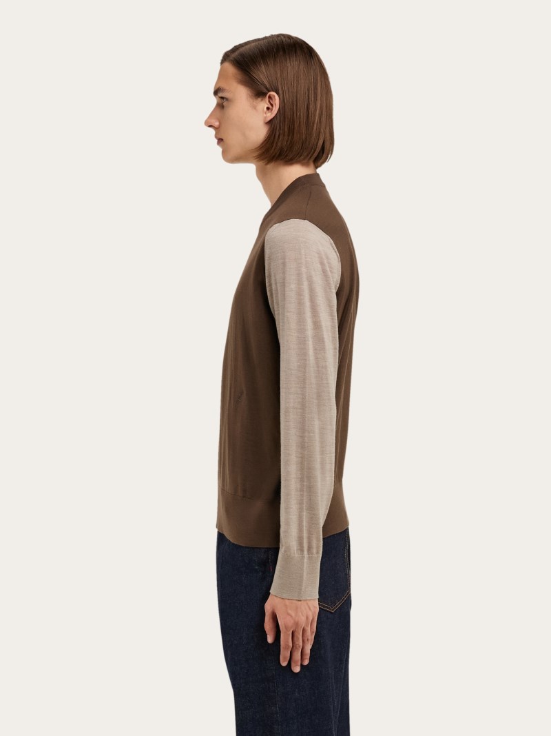 Ferragamo | Men's Light Pure Wool Color Block Sweater - Clay/Sand/Black