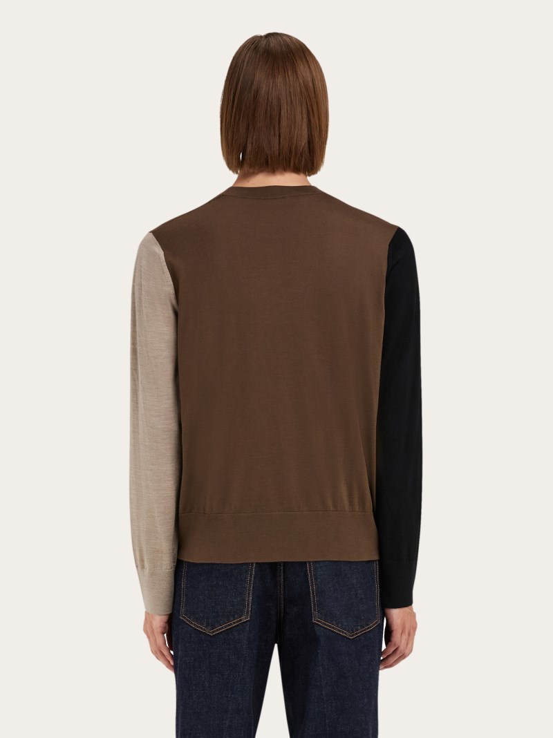 Ferragamo | Men's Light Pure Wool Color Block Sweater - Clay/Sand/Black