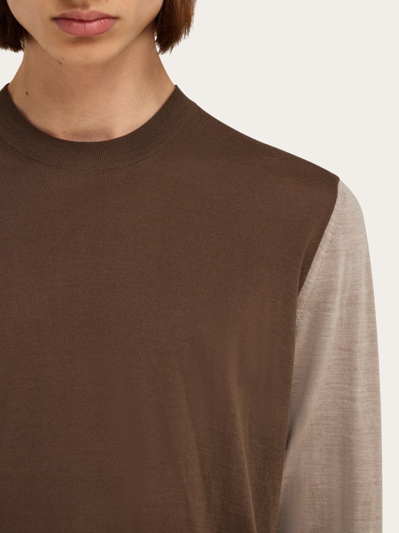 Ferragamo | Men's Light Pure Wool Color Block Sweater - Clay/Sand/Black