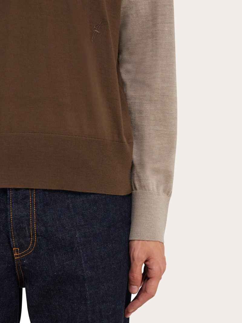 Ferragamo | Men's Light Pure Wool Color Block Sweater - Clay/Sand/Black