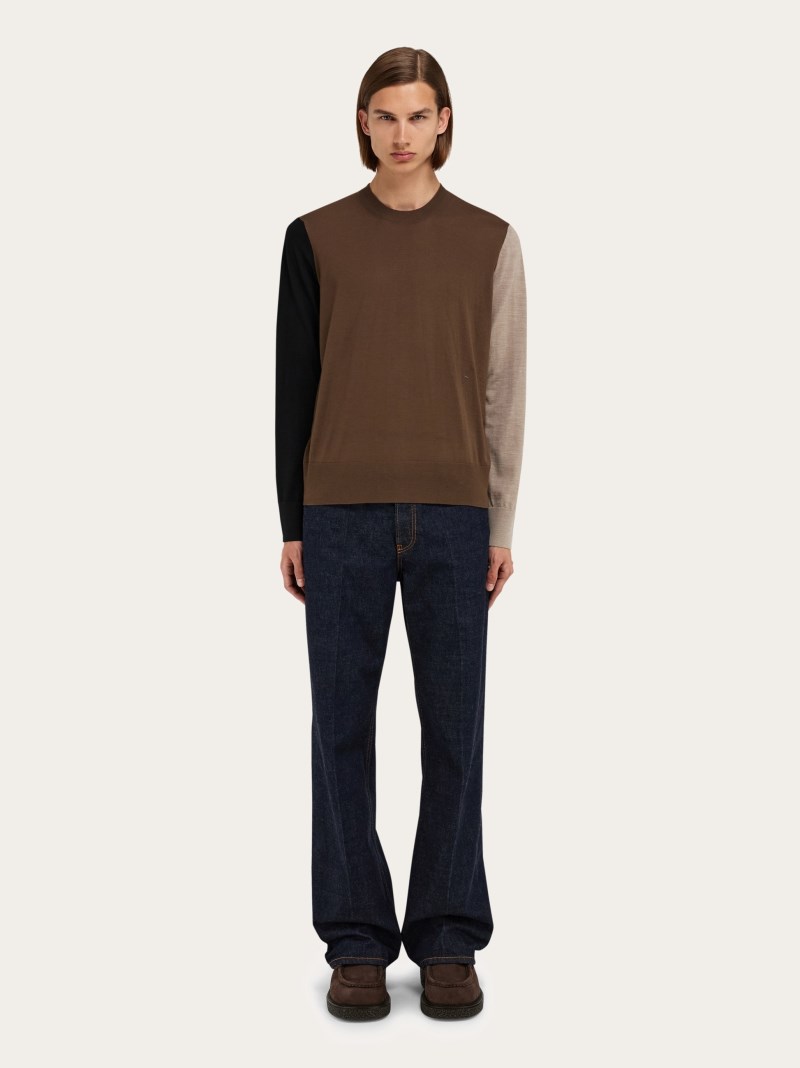 Ferragamo | Men's Light Pure Wool Color Block Sweater - Clay/Sand/Black