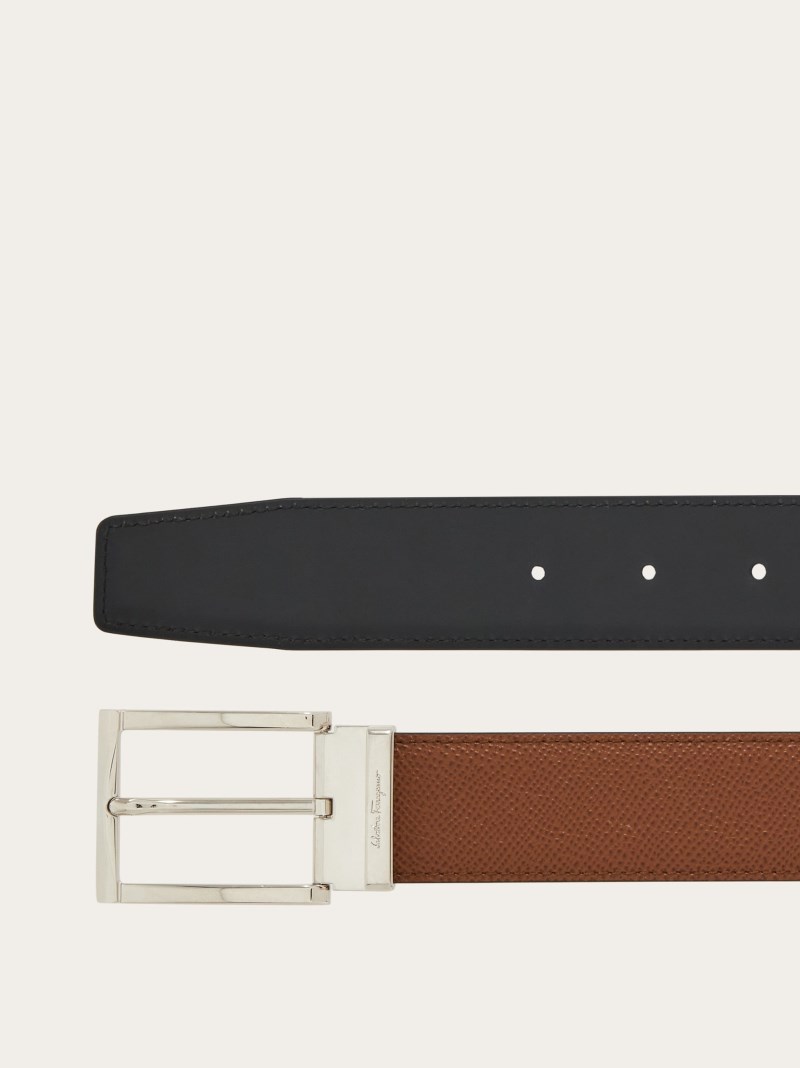 Ferragamo | Men's Reversible And Adjustable Belt With Rectangular Buckle - Briar/Black