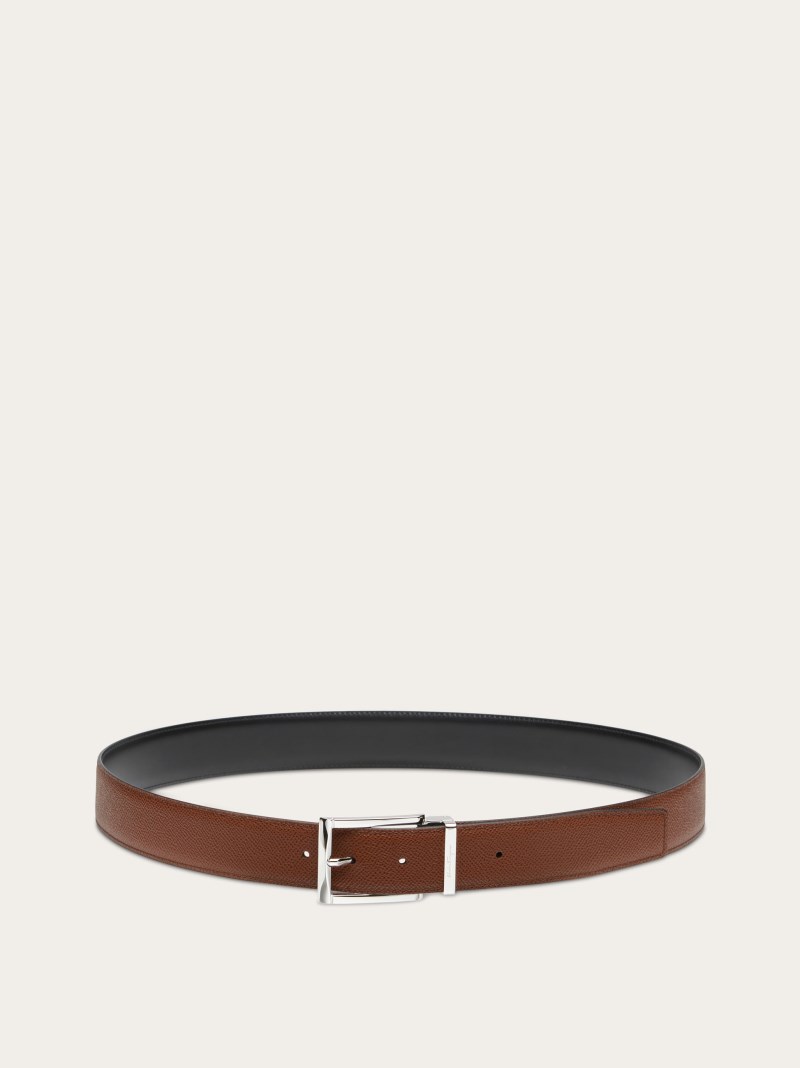 Ferragamo | Men's Reversible And Adjustable Belt With Rectangular Buckle - Briar/Black