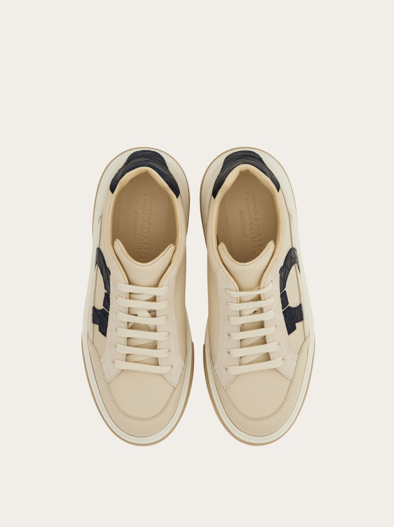 Ferragamo | Men's Low Top Sneaker With Gancini Outline - Mascarpone/Marine Blue