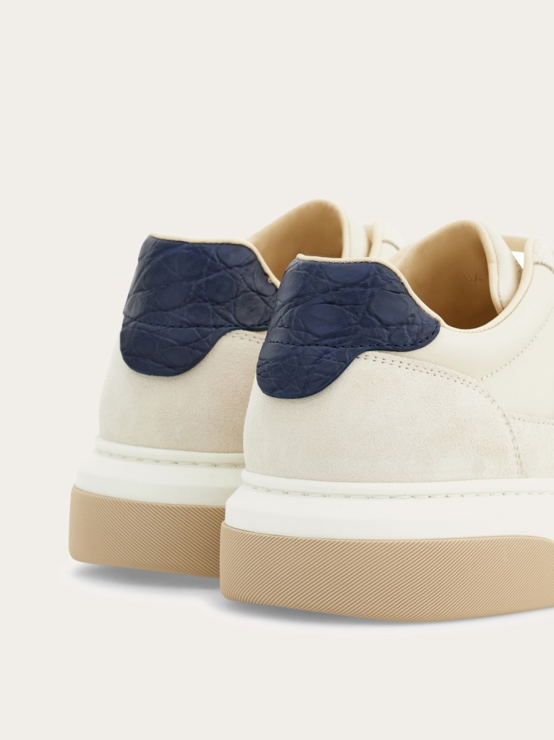 Ferragamo | Men's Low Top Sneaker With Gancini Outline - Mascarpone/Marine Blue