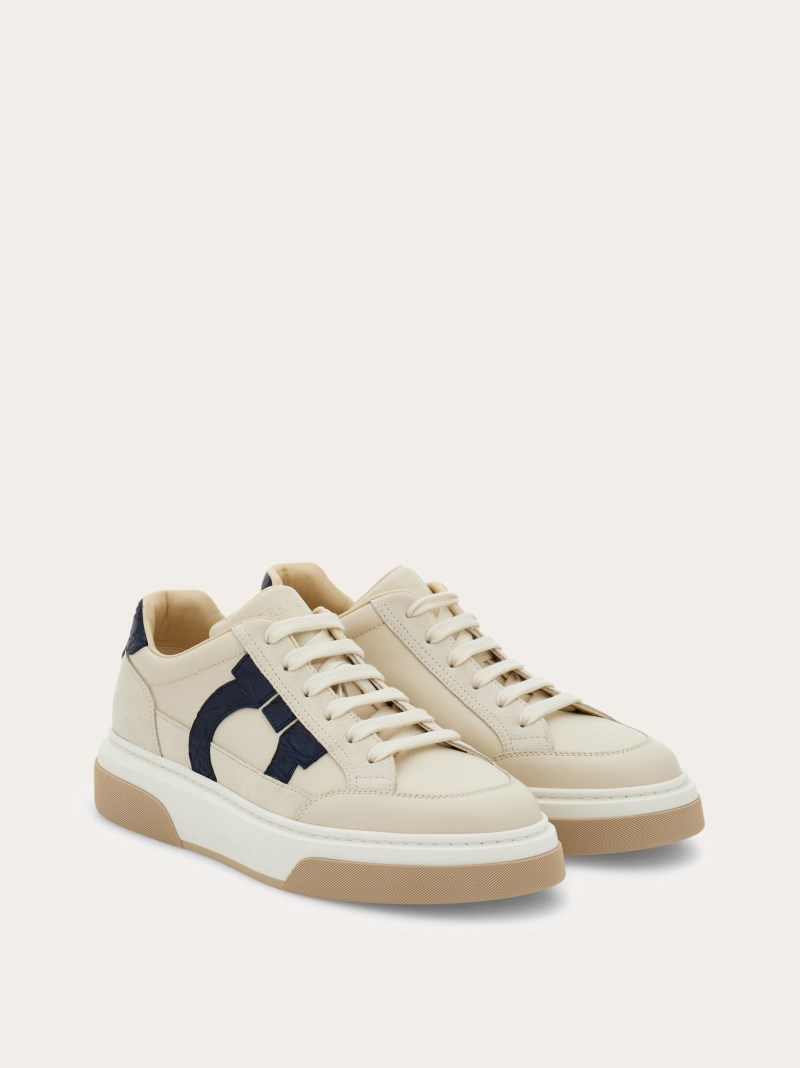 Ferragamo | Men's Low Top Sneaker With Gancini Outline - Mascarpone/Marine Blue
