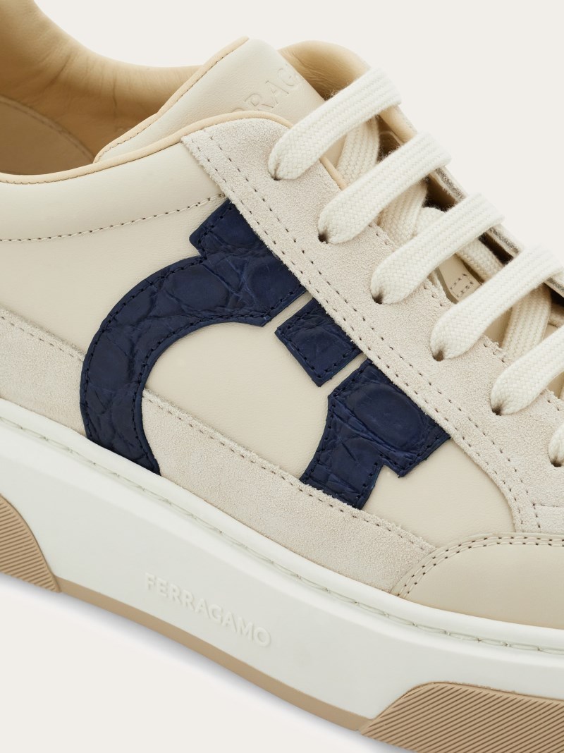 Ferragamo | Men's Low Top Sneaker With Gancini Outline - Mascarpone/Marine Blue