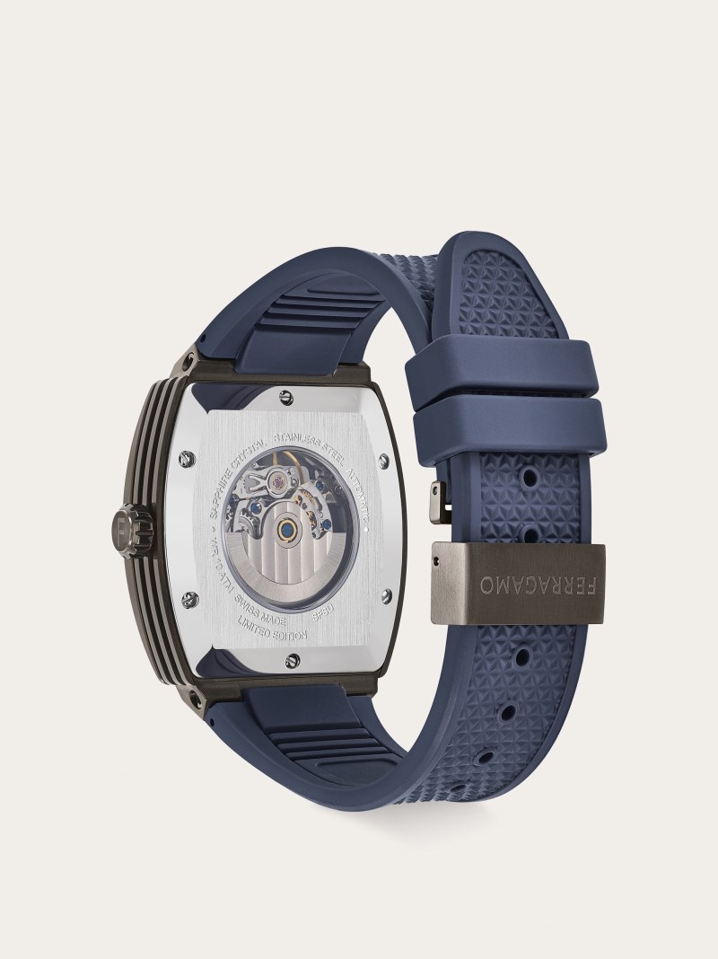 Ferragamo | Men's Tonneau Skeleton Watch - Ip Gun/Blue