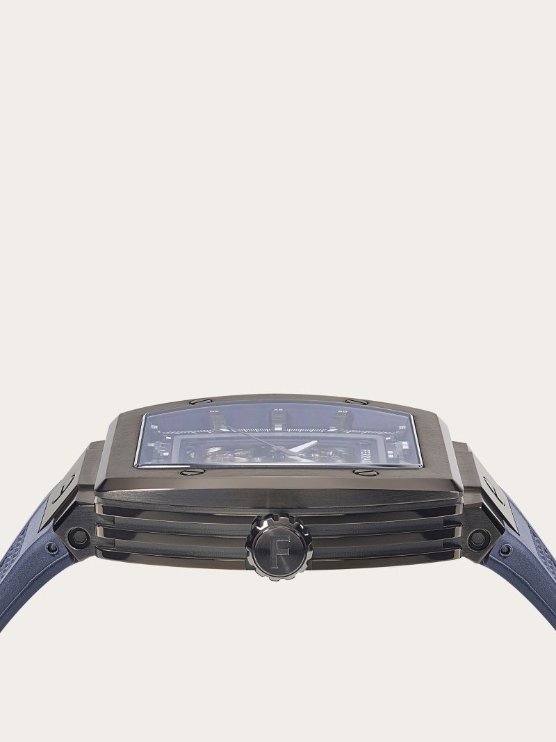 Ferragamo | Men's Tonneau Skeleton Watch - Ip Gun/Blue