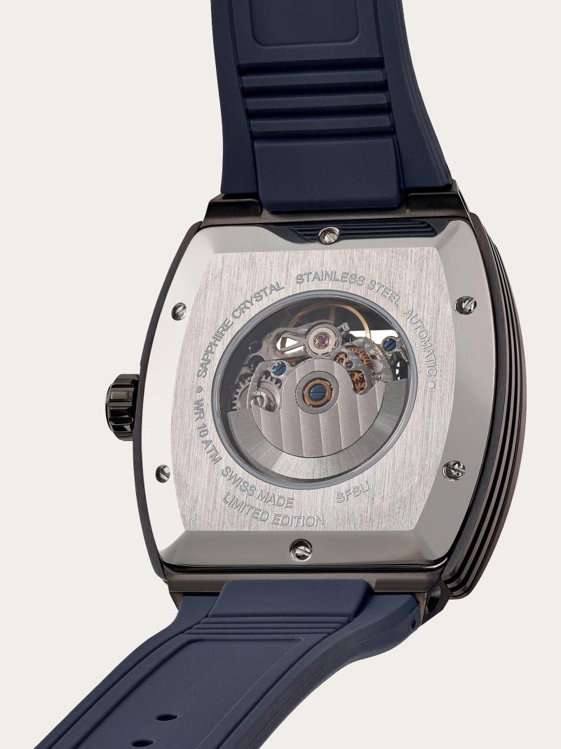 Ferragamo | Men's Tonneau Skeleton Watch - Ip Gun/Blue