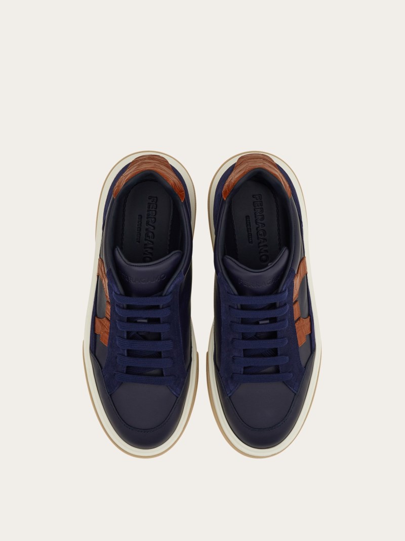 Ferragamo | Men's Low Top Sneaker With Gancini Outline - Marine Blue/Cognac