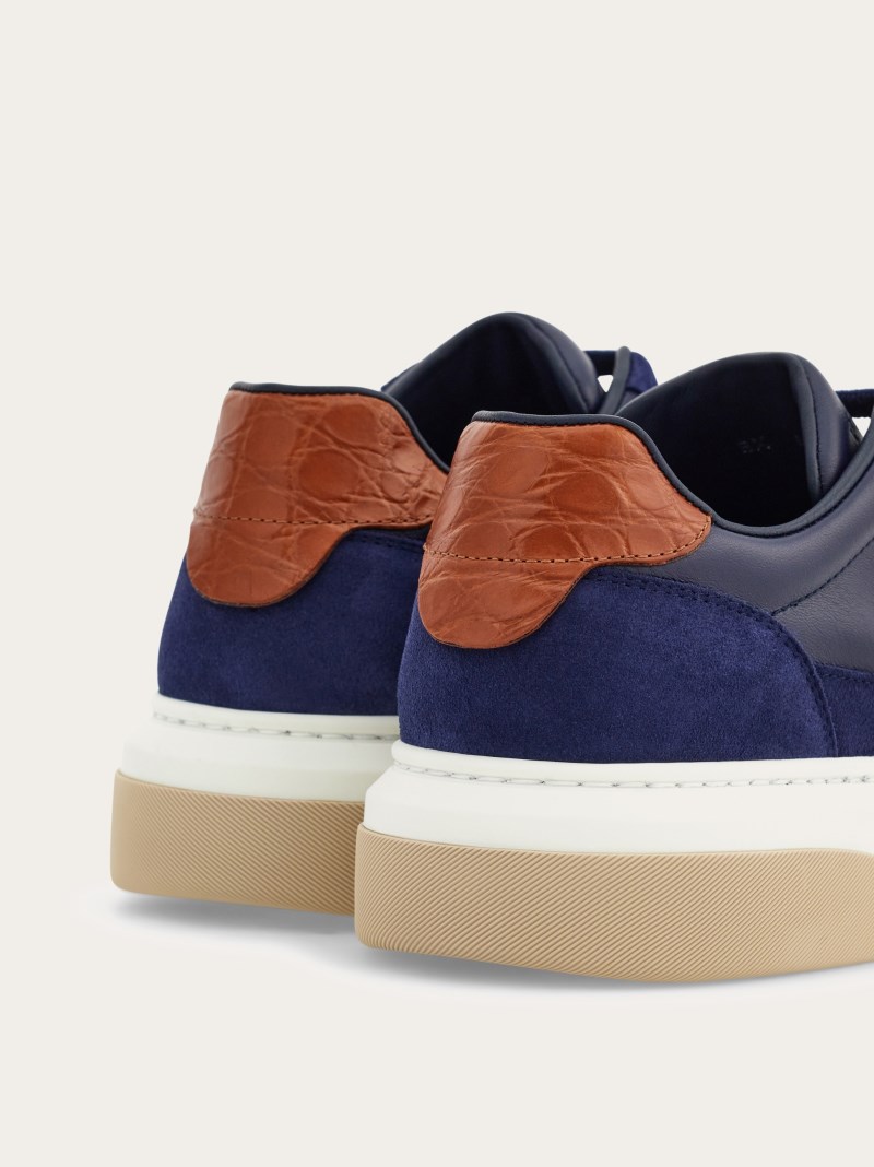 Ferragamo | Men's Low Top Sneaker With Gancini Outline - Marine Blue/Cognac