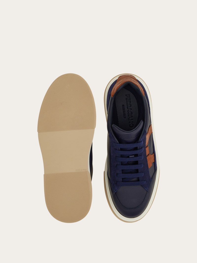 Ferragamo | Men's Low Top Sneaker With Gancini Outline - Marine Blue/Cognac