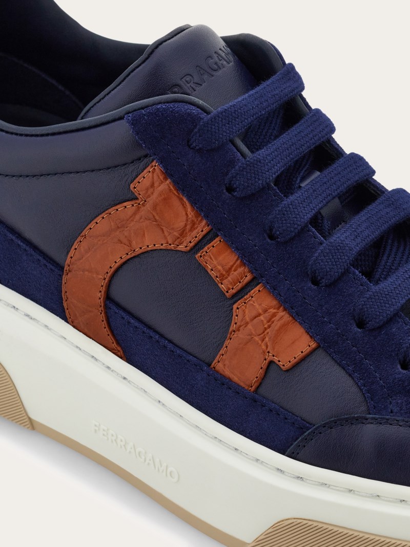 Ferragamo | Men's Low Top Sneaker With Gancini Outline - Marine Blue/Cognac