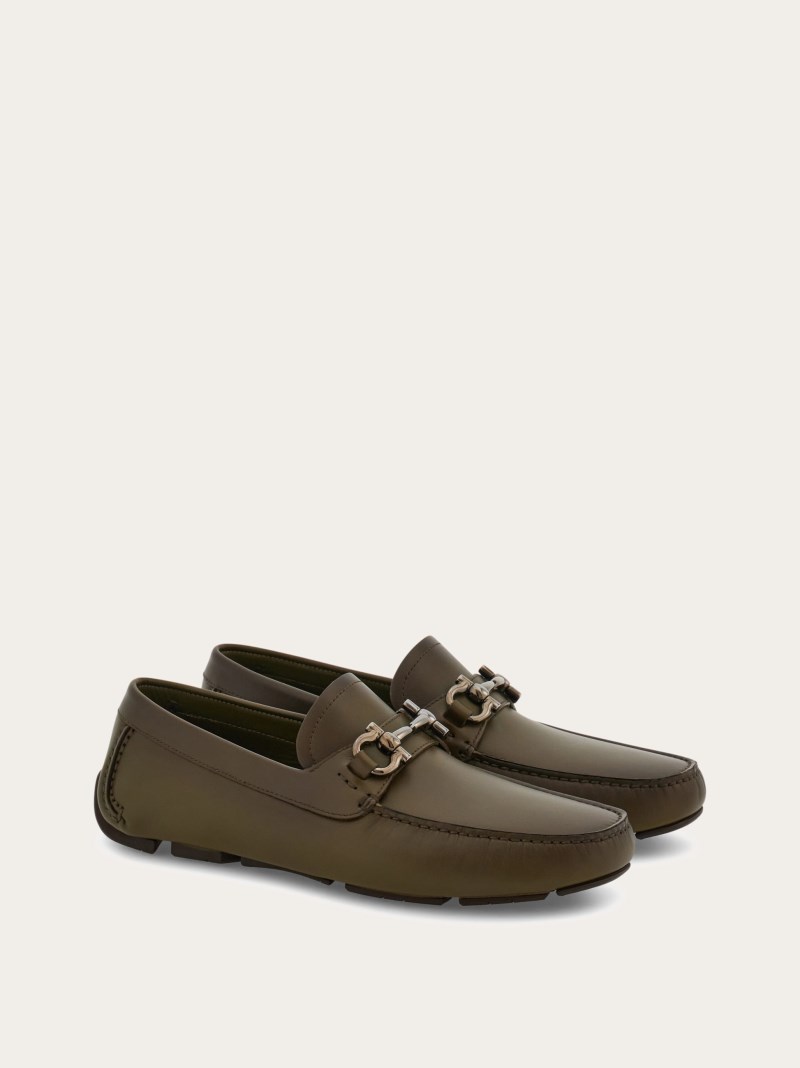 Ferragamo | Men's Driver With Gancini Ornament - Olive Green