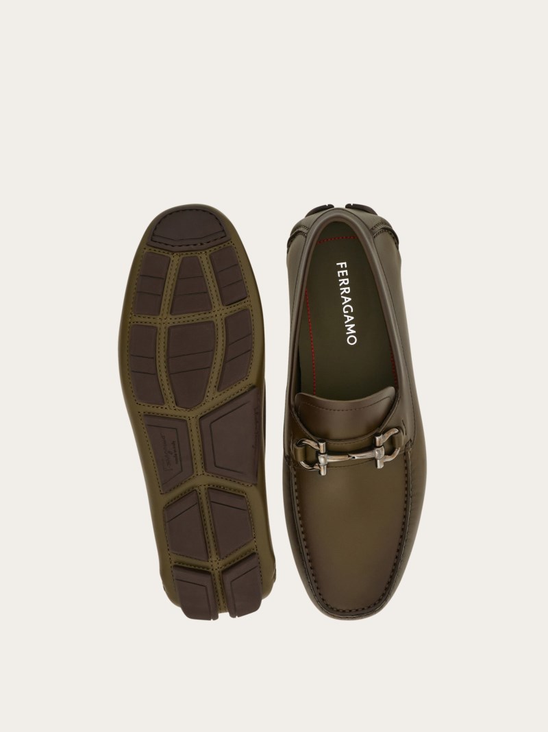 Ferragamo | Men's Driver With Gancini Ornament - Olive Green