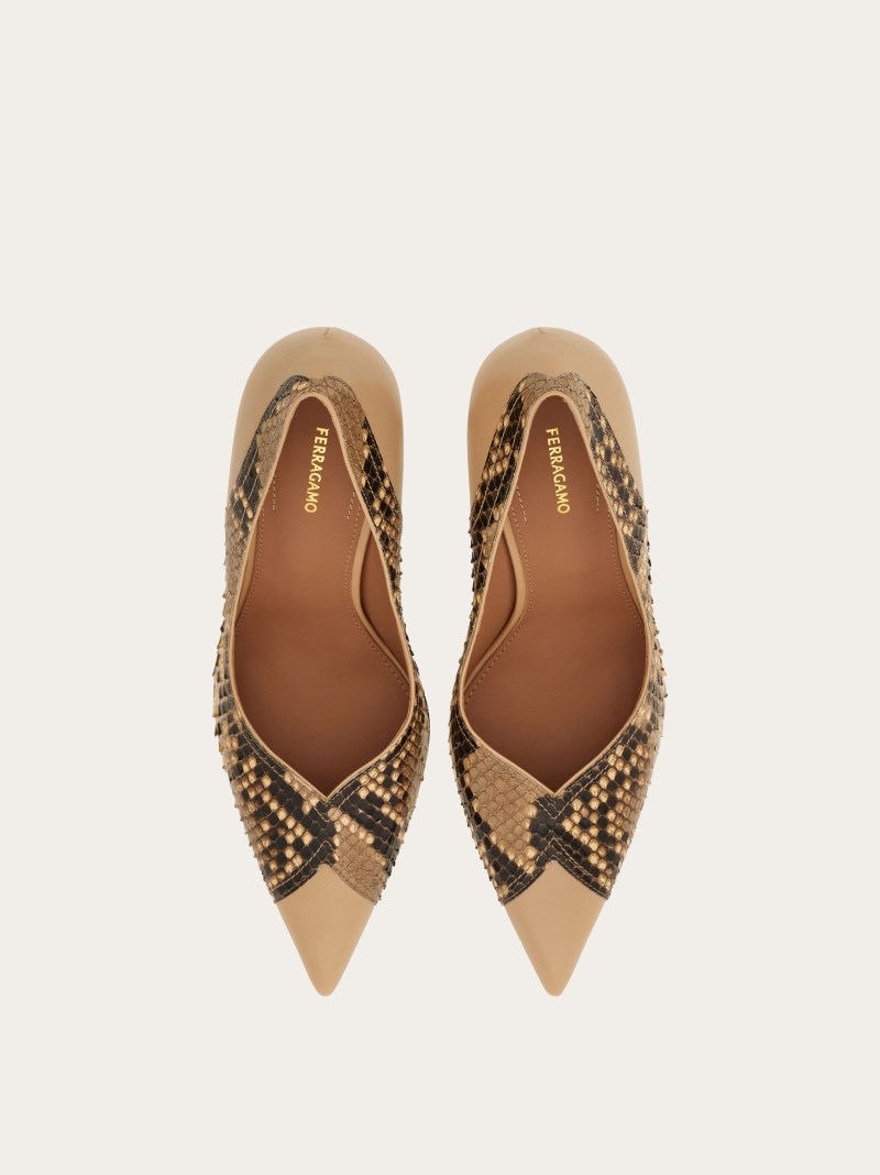 Ferragamo | Women's High Heel Pump With Contrasting Inlays - Stone/Blush