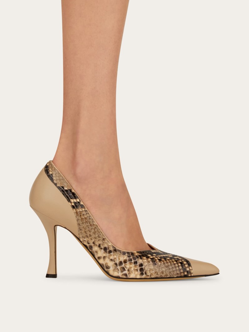 Ferragamo | Women's High Heel Pump With Contrasting Inlays - Stone/Blush