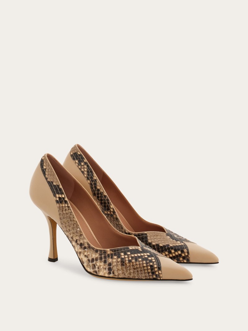 Ferragamo | Women's High Heel Pump With Contrasting Inlays - Stone/Blush