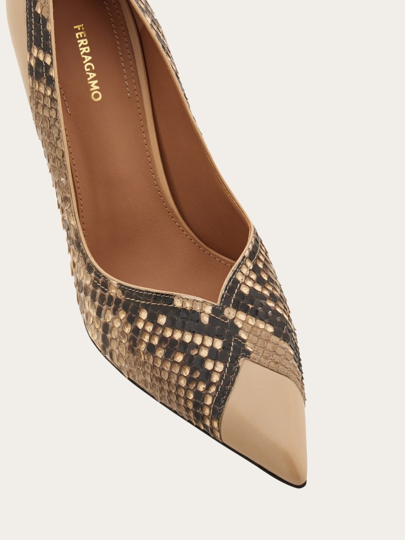 Ferragamo | Women's High Heel Pump With Contrasting Inlays - Stone/Blush