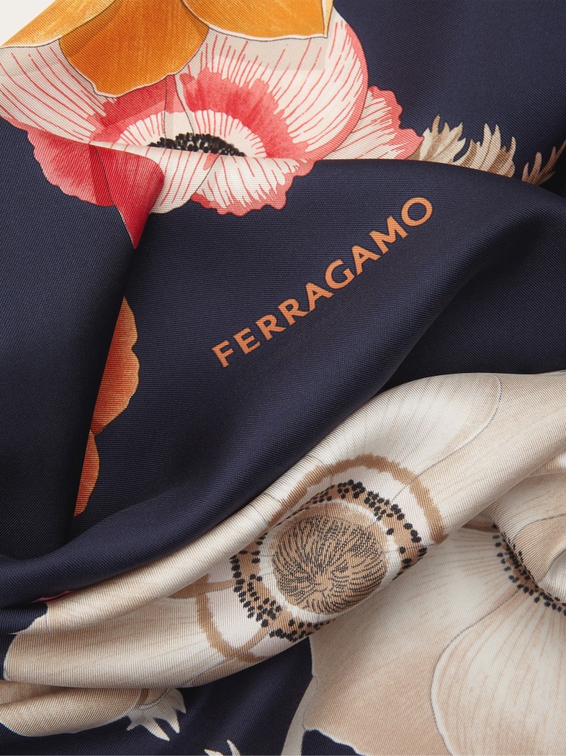Ferragamo | Women's Anemone Print Silk Foulard - Marine Blue/Ivory/Pink