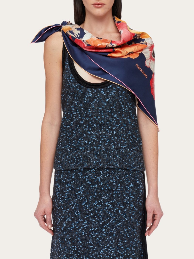 Ferragamo | Women's Anemone Print Silk Foulard - Marine Blue/Ivory/Pink