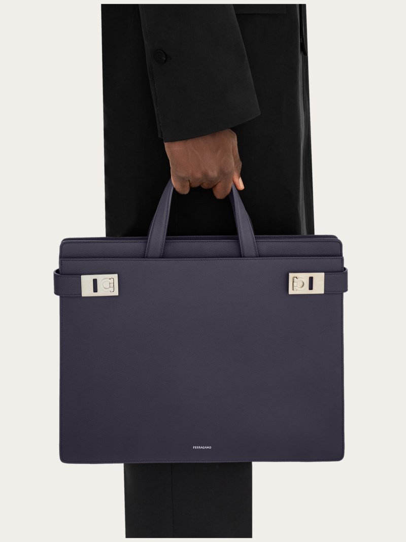 Ferragamo | Men's Briefcase With Gancini Buckles - Midnight Blue