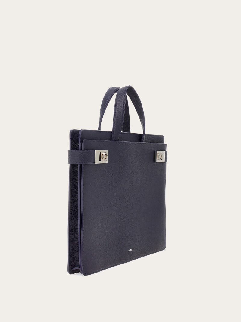 Ferragamo | Men's Briefcase With Gancini Buckles - Midnight Blue
